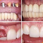 Photo of the patient before and after implantation of anterior teeth