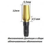 artificial tooth made of titanium implant for prosthetics general view, structure with intraosseous part and abutment, dimensions of the dental implant are indicated
